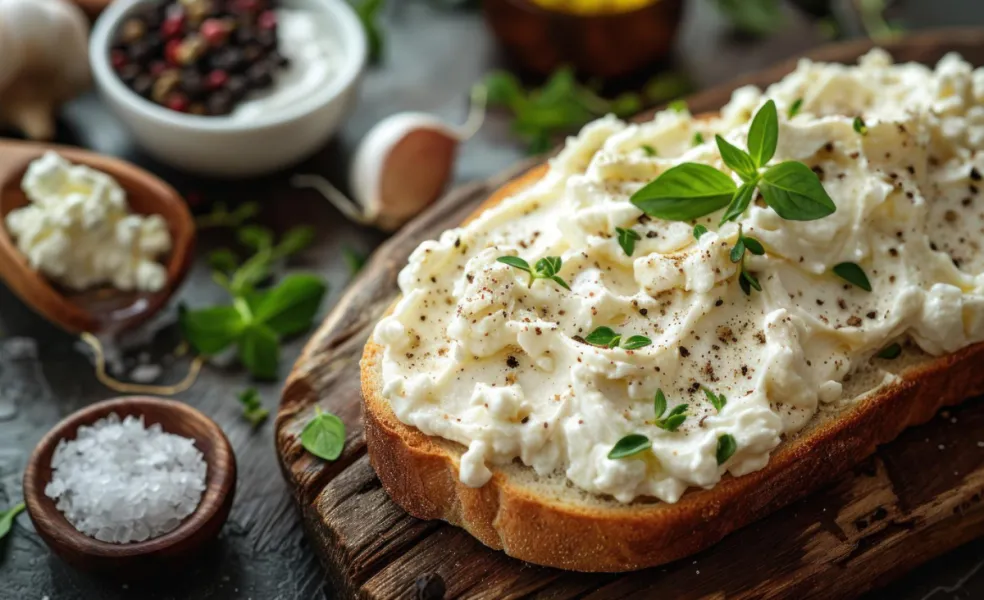 Domáca nátierka s cottage cheese a čerstvými bylinkami na chrumkavom chlebe, dochutená čiernym korením, ideálna na raňajky alebo desiatu
